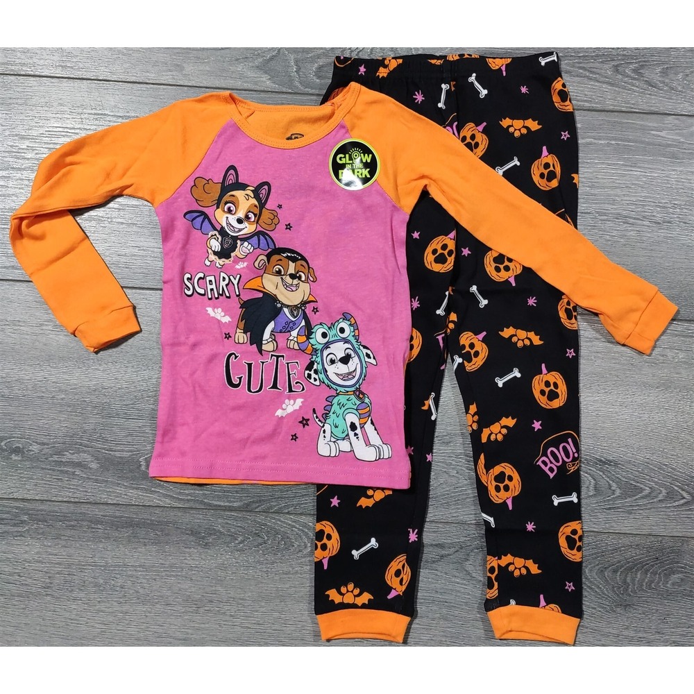 Paw Patrol Toddler Girls 4T Halloween Pajamas Glow Dark Scary Cute Pups PJ Set